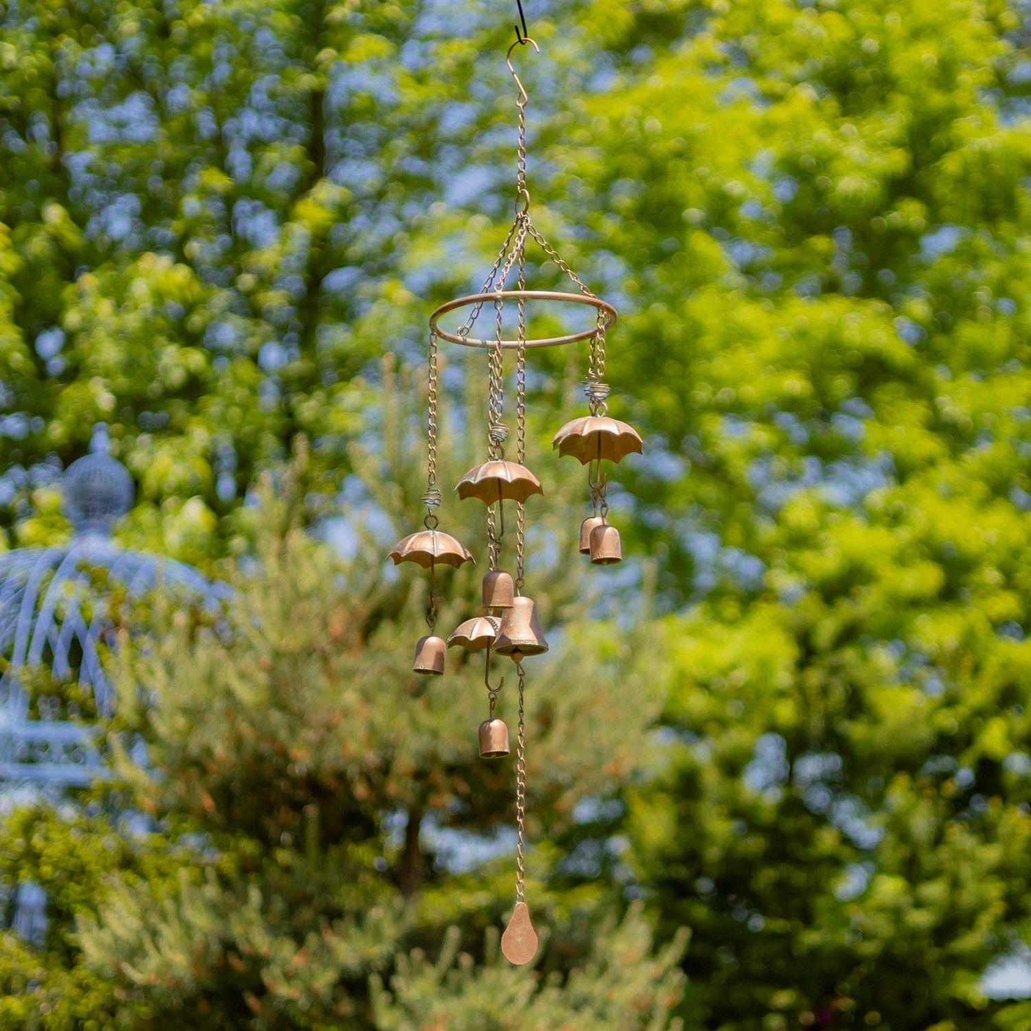39.75&quot; Long Antique Copper Umbrella Wind Chime with Glass Marbles &amp; Bells