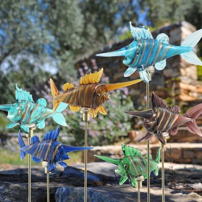 Set of 6 Hand Painted Glass Swordfish on Gold-Plated Iron Pot Sticks in Assorted Colors