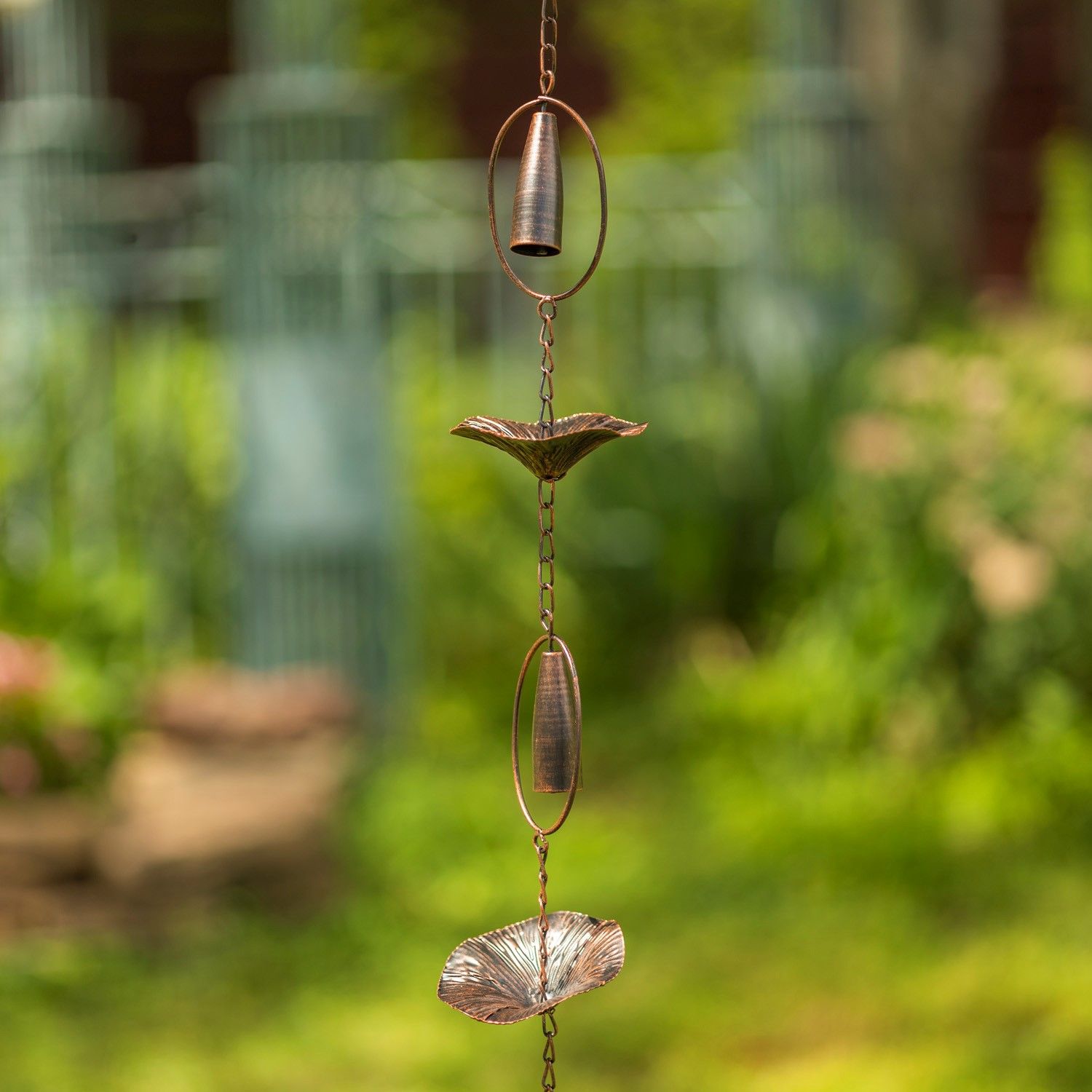 76&quot; Long Iron Rain Chain with Mushrooms &amp; Chimes in Antique Bronze