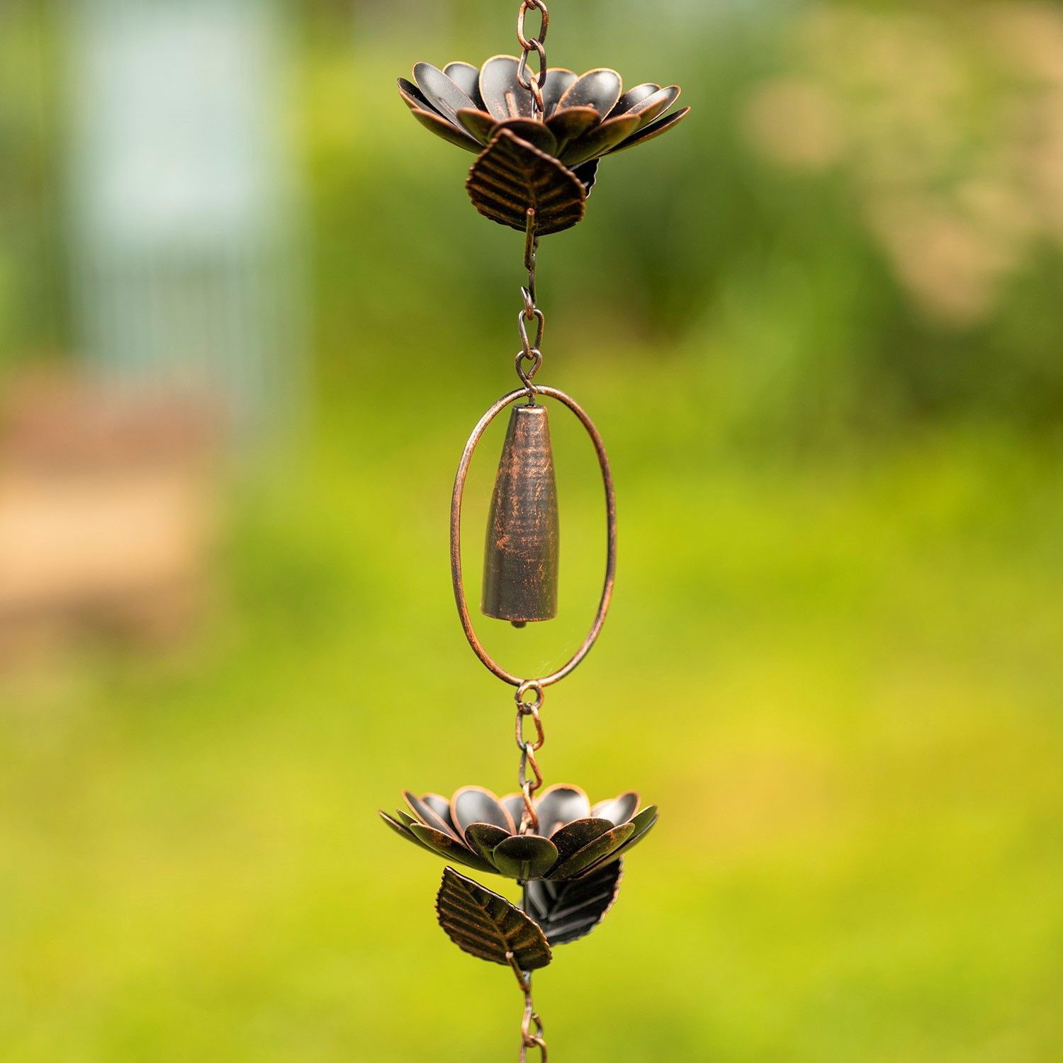 76&quot; Long Iron Rain Chain with Peonies &amp; Chimes in Antique Bronze