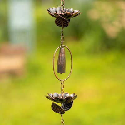 76&quot; Long Iron Rain Chain with Peonies &amp; Chimes in Antique Bronze