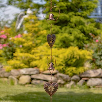 96.25&quot; Long Antique Bronze Iron Rain Chain with Hearts &amp; Bell Accents