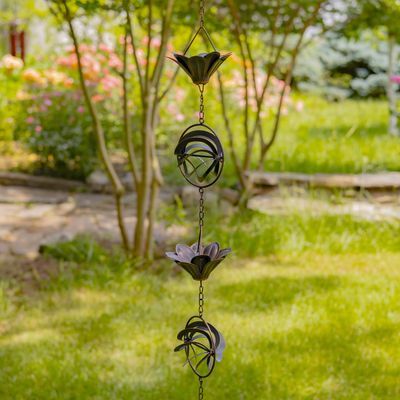 94.5&quot; Long Antique Bronze Iron Rain Chainwith Lillies &amp; Abstract Globe Accents