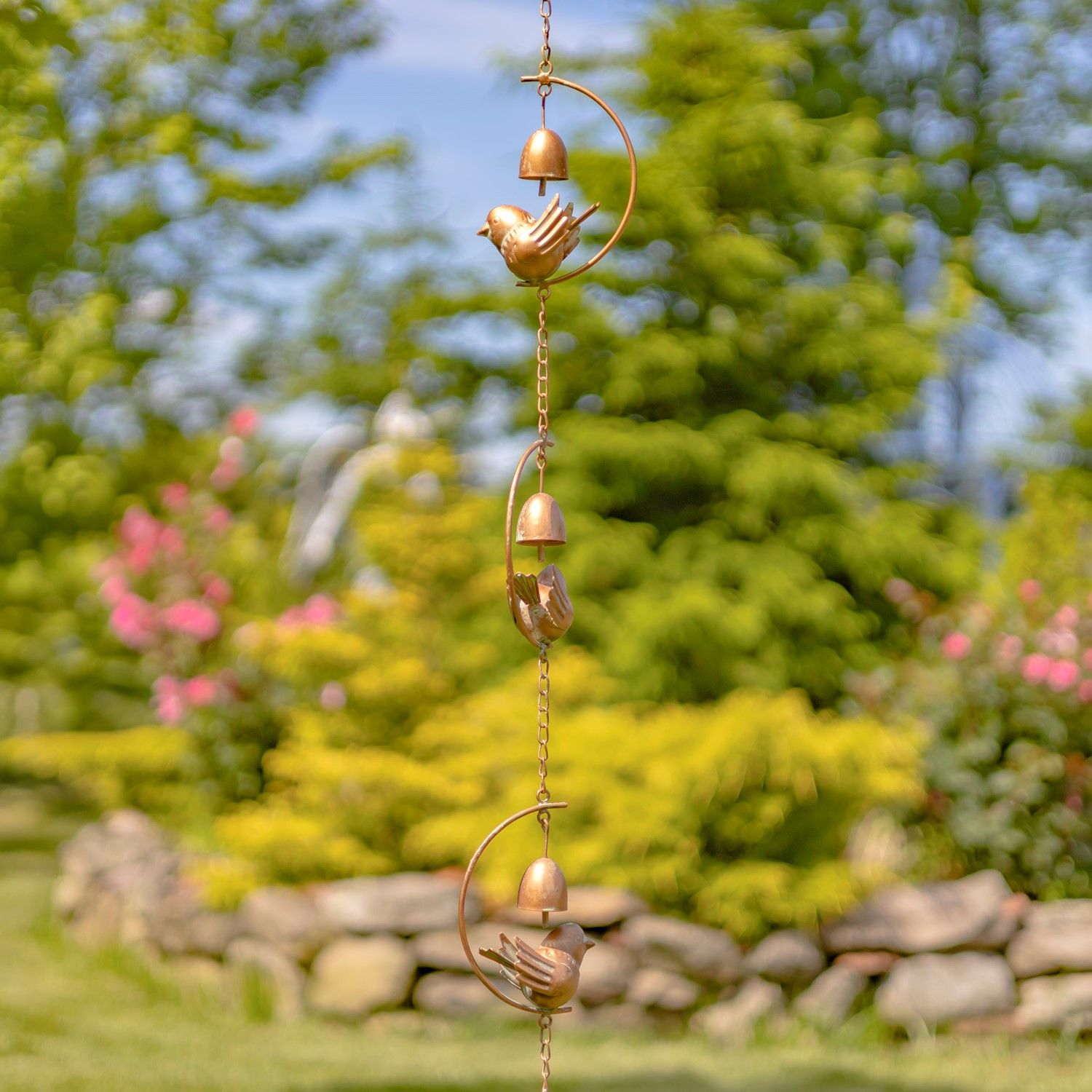 96&quot; Long Antique Copper Iron Rain Chain with Bird &amp; Bell Details