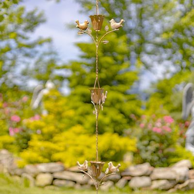 96.75&quot; Long Antique Copper Iron Rain Chain with Bird Couple Perched on Flower Stem