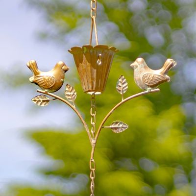Antique Copper Iron Rain Chain | Birds on Flower Stem