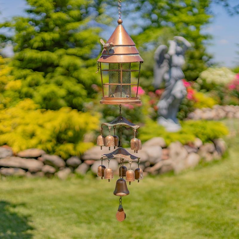 38&quot; Long Hanging Lantern Shaped Iron Birdfeeder with Toadstool &amp; Bell Accents