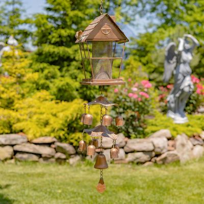 37.75&quot; Long Hanging Cottage Chaped Iron Birdfeeder with Toadstool &amp; Bell Accents