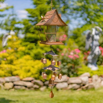 37.75&quot; Long Hanging Pagoda Shaped Iron Birdfeeder with Toadstool &amp; Bells Accents