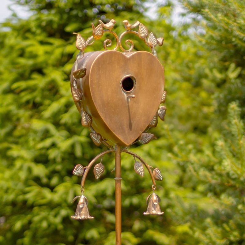 66&quot; Tall Heart-Shaped Iron Birdhouse Garden Stake with Dangling Bells &quot;Sikha&quot;