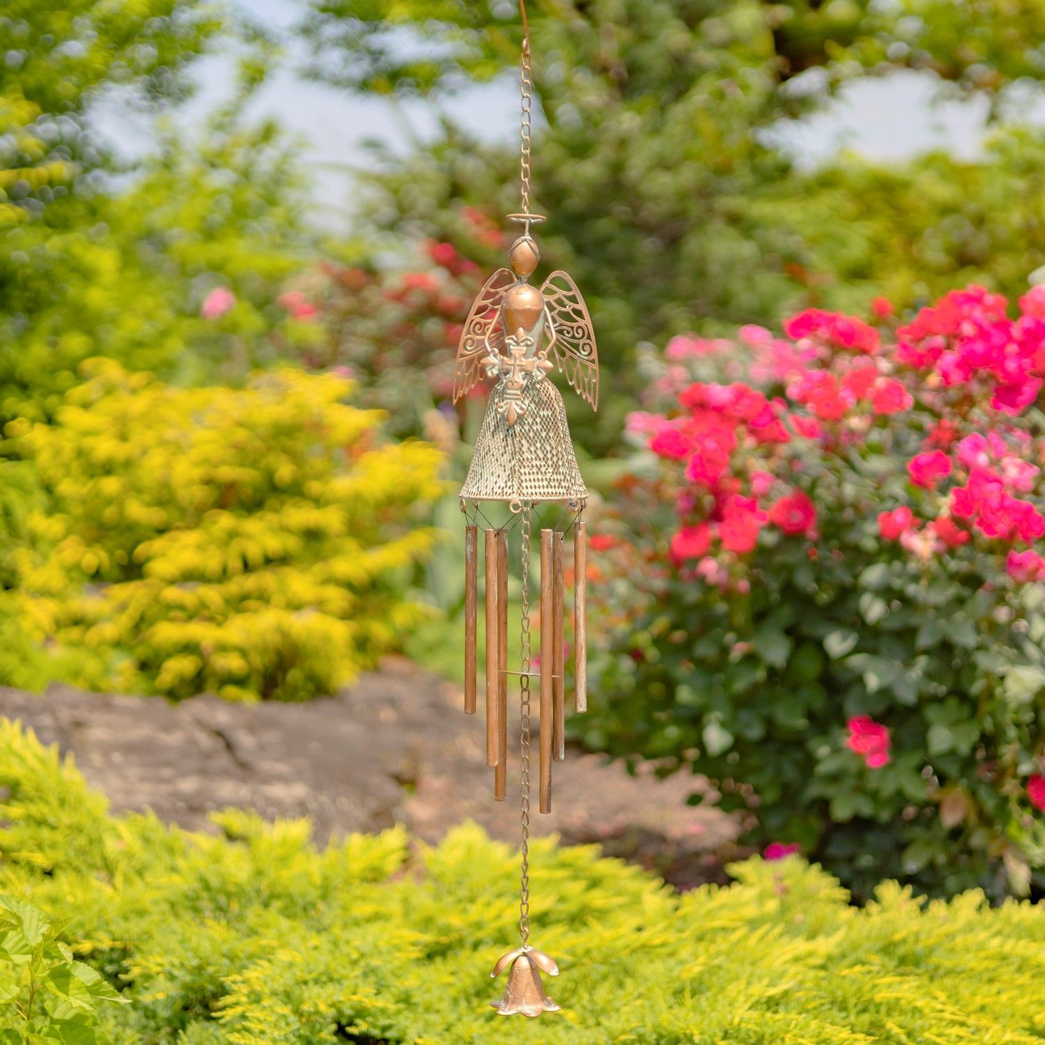 36.5&quot; Long Antique Copper Hanging Iron Angel Holding Cross Wind Chimes &quot;Angelica&quot;