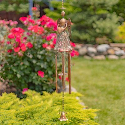 36.5&quot; Long Antique Copper Hanging Iron Angel Holding Heart Wind Chimes &quot;Angela&quot;