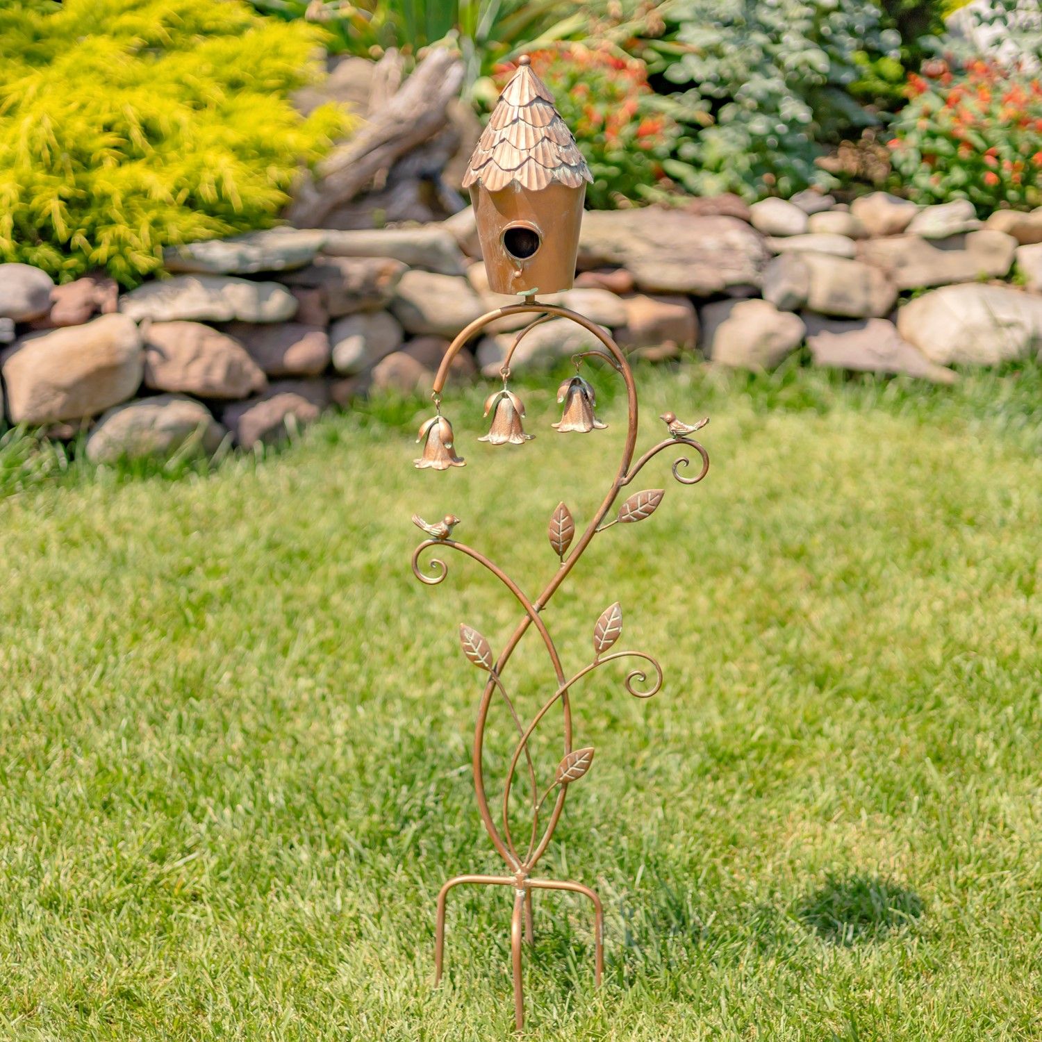 45&quot; Tall Elegant Iron Birdhouse Stake with 3 Dangling Angel Trumpet Bells