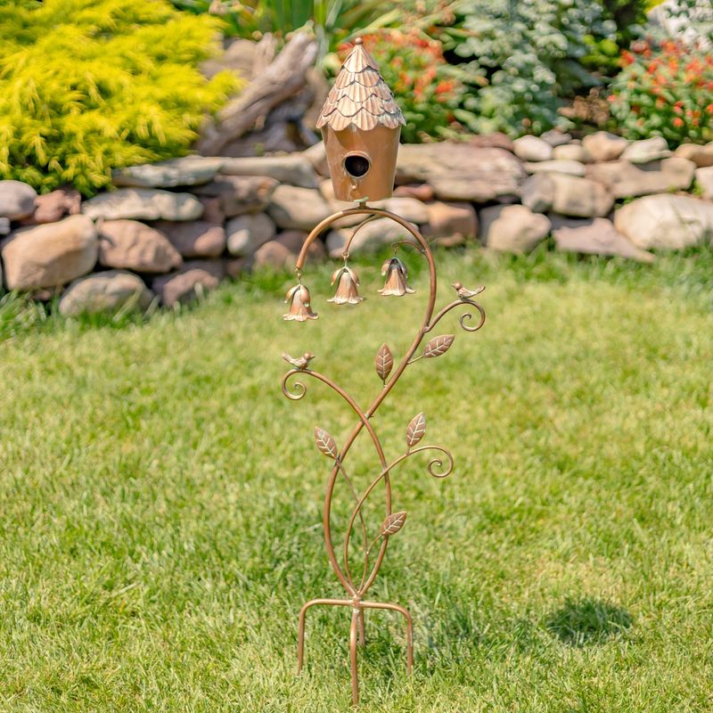 45&quot; Tall Elegant Iron Birdhouse Stake with 3 Dangling Angel Trumpet Bells