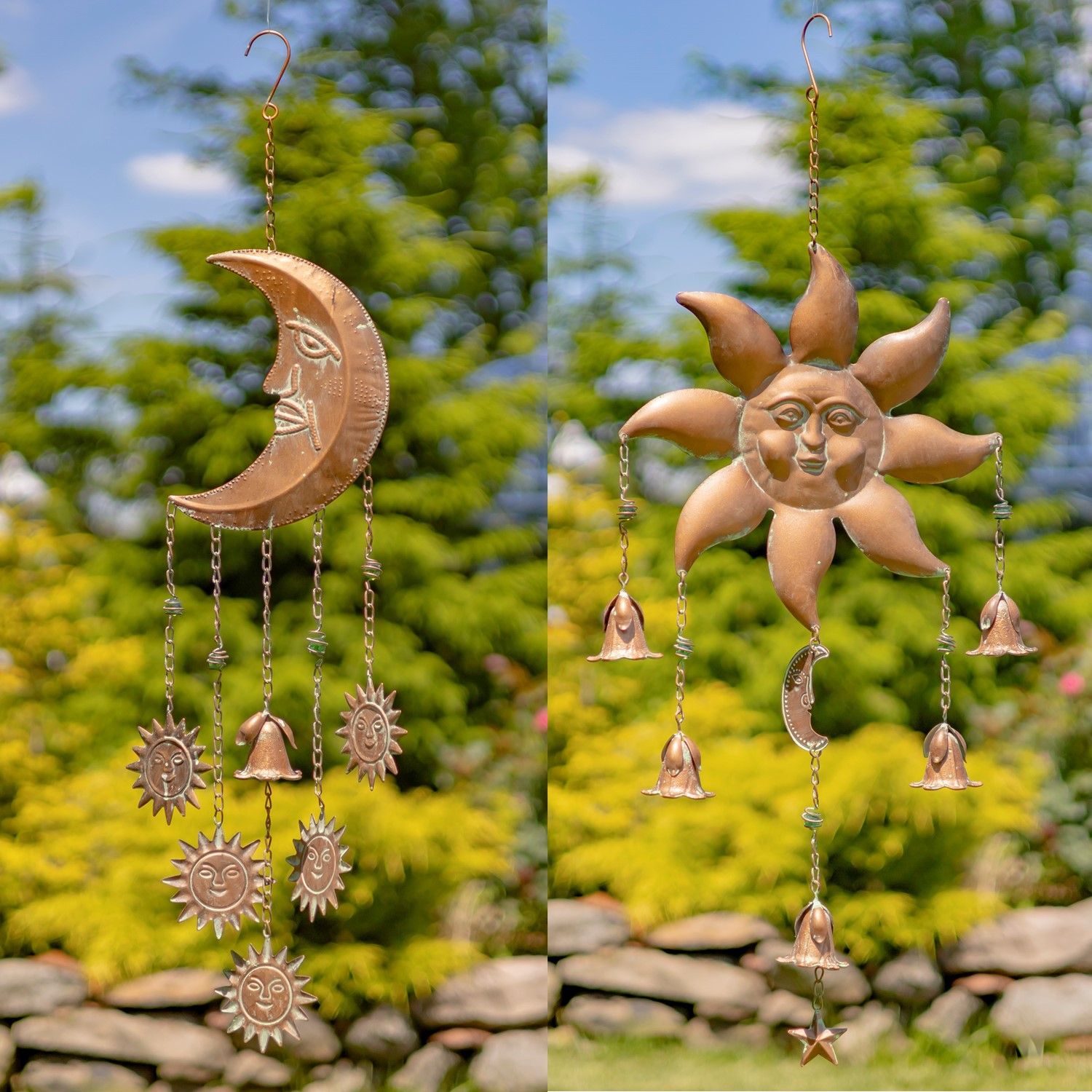 Set of 2 Hanging Sun &amp; Moon Iron Wind Chimes with Dangling Bells