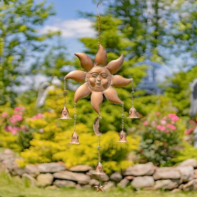 Set of 2 Hanging Sun &amp; Moon Iron Wind Chimes with Dangling Bells