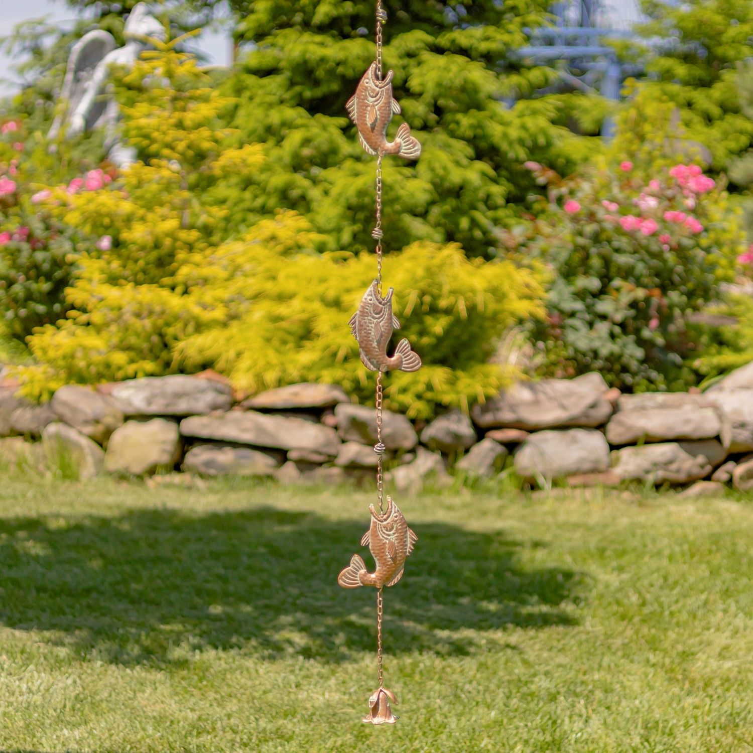 95.5&quot; Long Antique Copper Iron Rain Chain with Jumping Fish