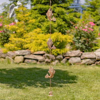 95.5&quot; Long Antique Copper Iron Rain Chain with Jumping Fish