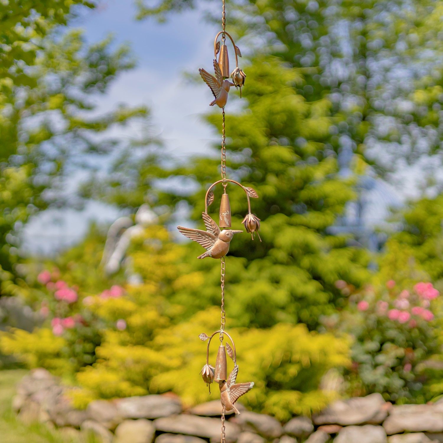 93.25&quot; Long Antique Copper Iron Rain Chain with Hummingbirds &amp; Flowers