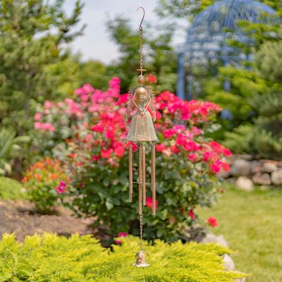 36.5&quot; Long Antique Copper Hanging Iron Angel Holding Flower Wind Chimes &quot;Angelette&quot;