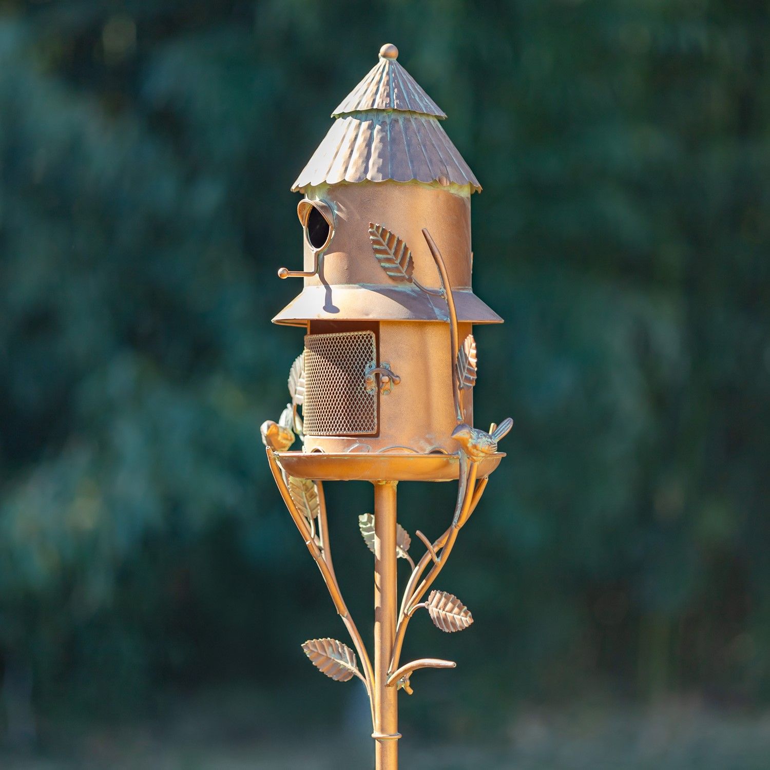 74&quot; Tall Iron Birdhouse &amp; Feeder Stake &quot;Homestead&quot;