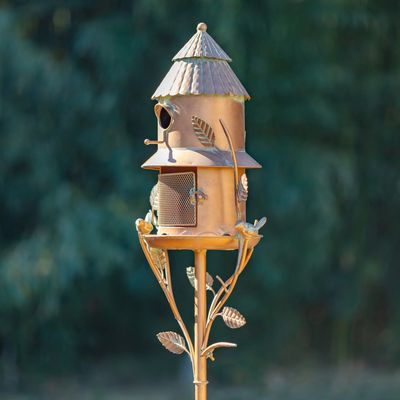 74&quot; Tall Iron Birdhouse &amp; Feeder Stake &quot;Homestead&quot;