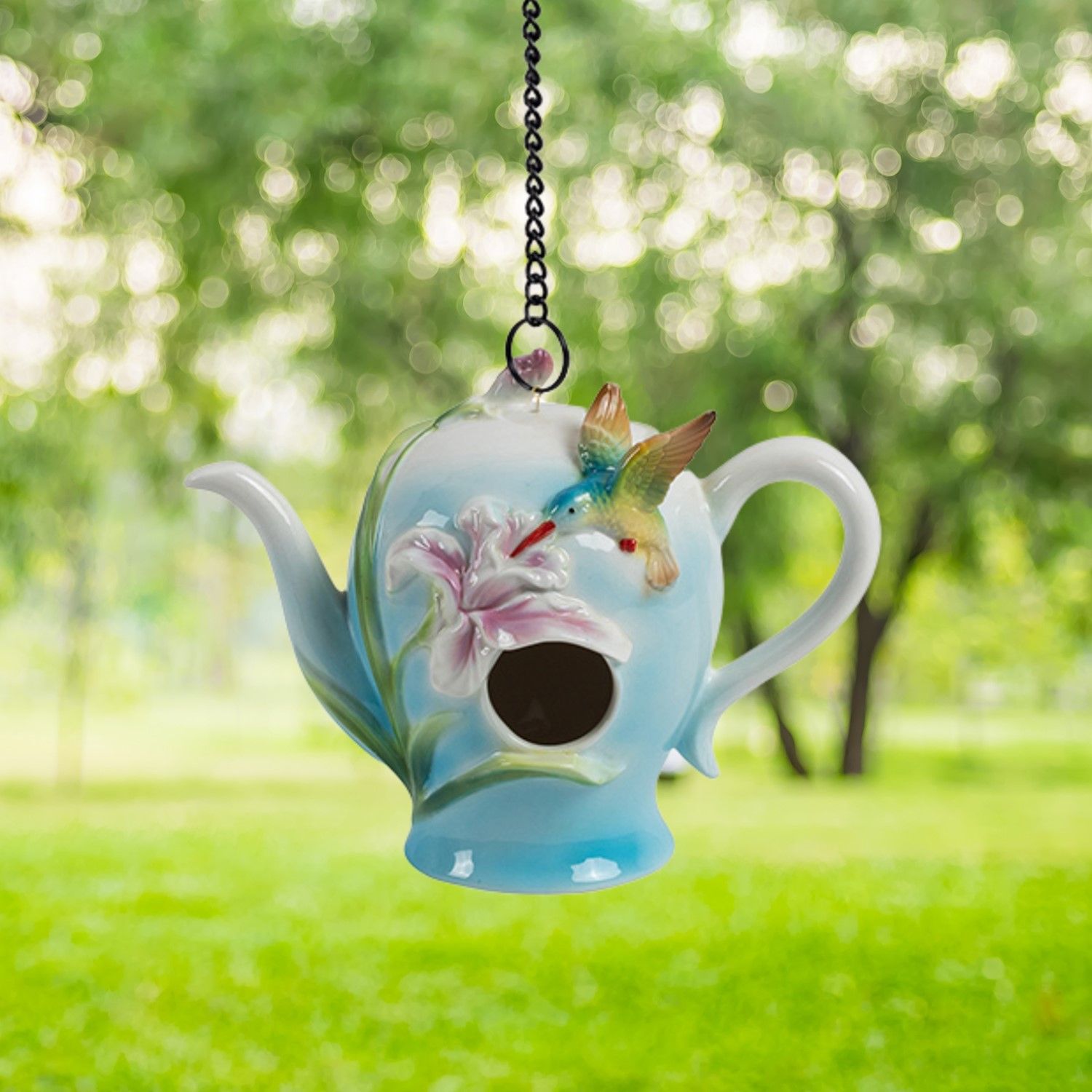 19.75&quot; Long Hanging Porcelain Teapot Birdhouse with Hummingbird &quot;Tiffany&quot;