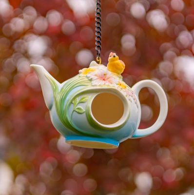 19.25&quot; Long Hanging Porcelain Teapot Birdhouse with Cardinal &quot;Rebecca&quot;
