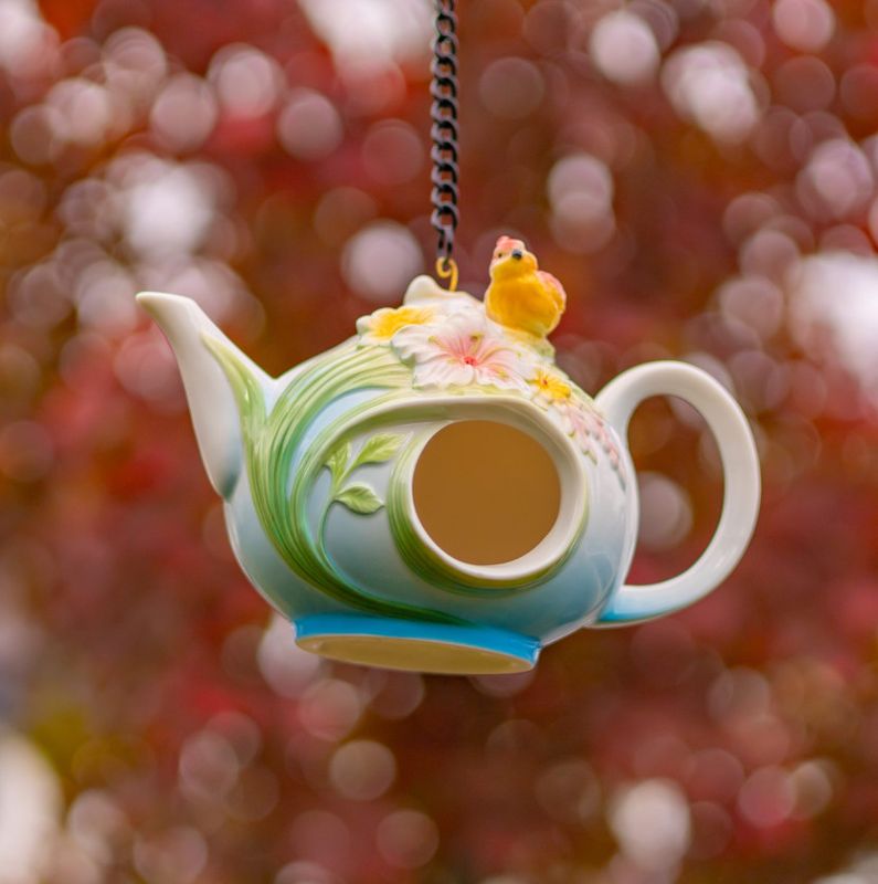 19.25&quot; Long Hanging Porcelain Teapot Birdhouse with Cardinal &quot;Rebecca&quot;