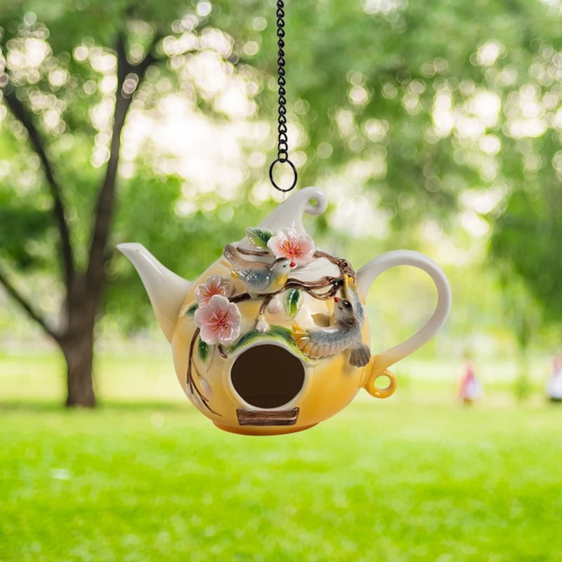20&quot; Long Hanging Porcelain Teapot Birdhouse with 2 Blue &amp; Yellow Birds &quot;Blythe&quot;