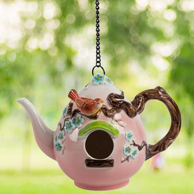 20&quot; Long Hanging Porcelain Teapot Birdhouse with Sparrow &quot;Spencer&quot;