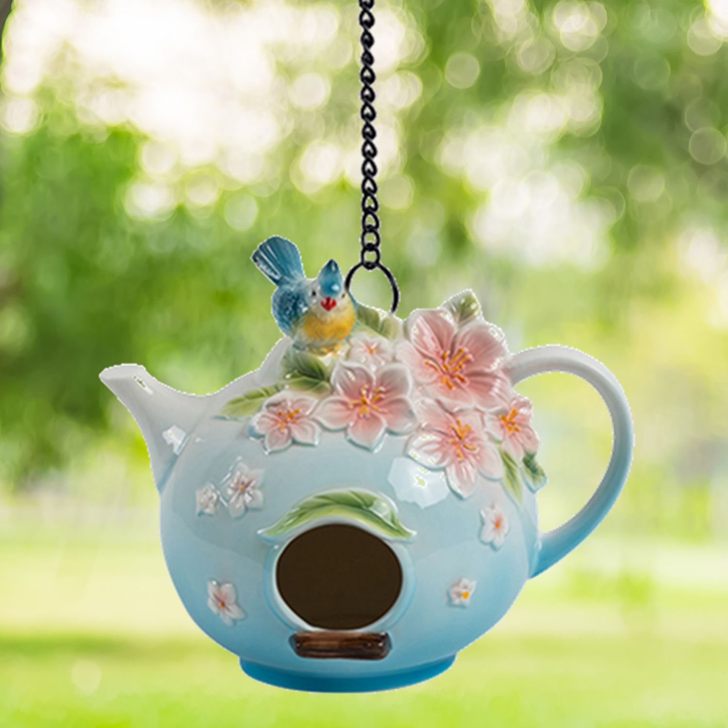 20.5&quot; Long Hanging Porcelain Teapot Birdhouse with Songbird &quot;Eileen&quot;