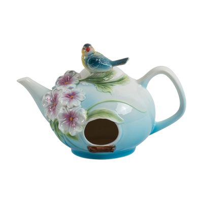 20.25&quot; Long Hanging Porcelain Teapot Birdhouse with Bluebird &quot;Blair&quot;