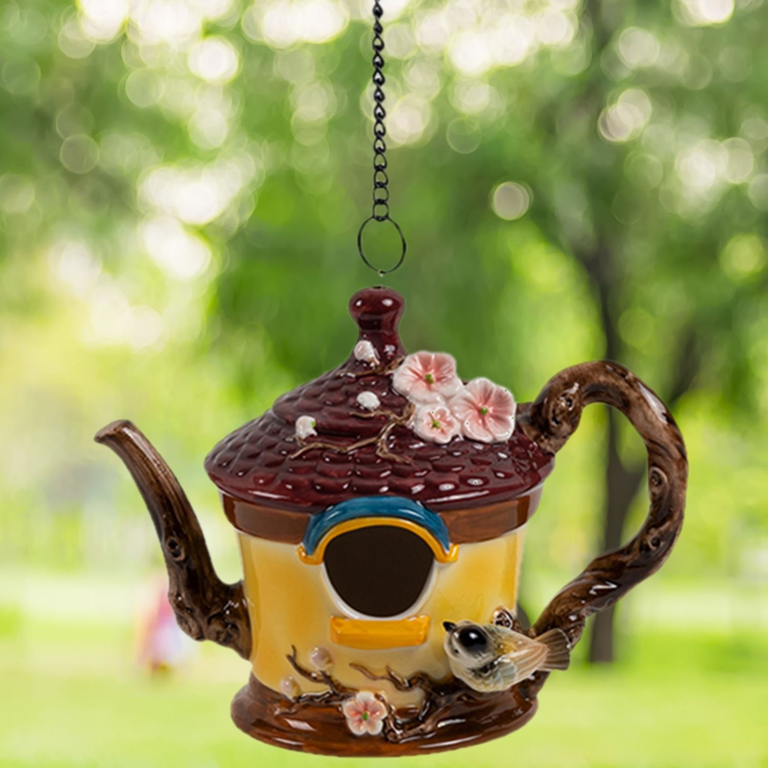 19.75&quot; Long Hanging Porcelain Teapot Birdhouse with Robin &quot;Robyn&quot;