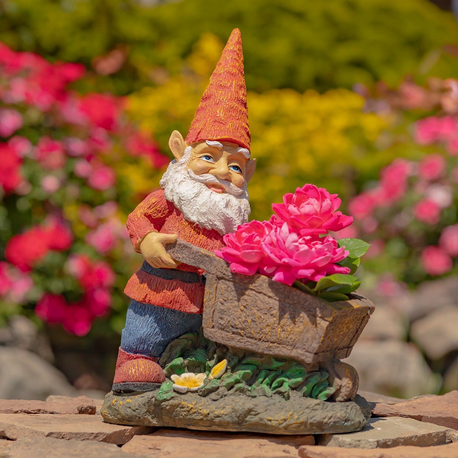 17&quot; Tall Spring Gnome Garden Statue with Wheelbarrow