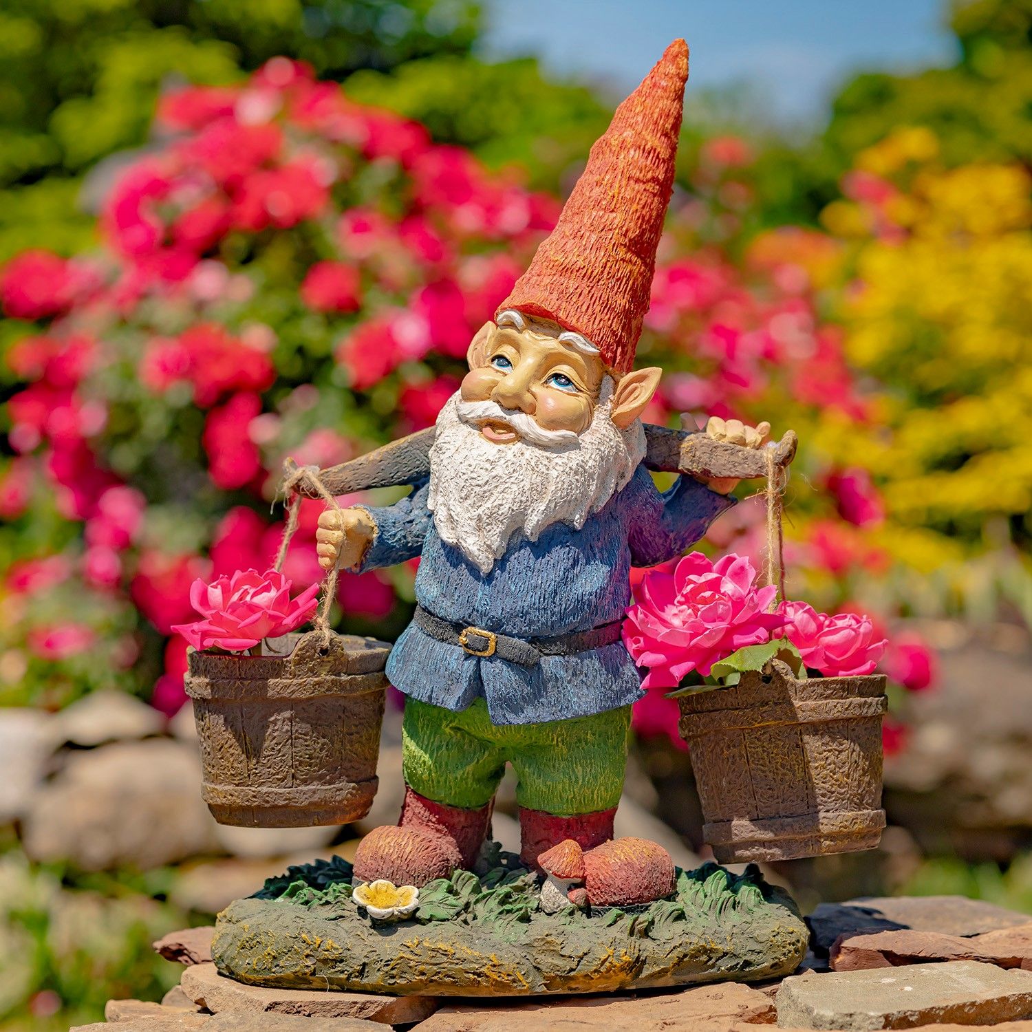 21&quot; Tall Spring Gnome Garden Statue Holding Two Buckets