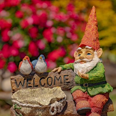 15.35&quot; Tall Spring Garden Gnome with Welcome Sign, Birds and Birdbath