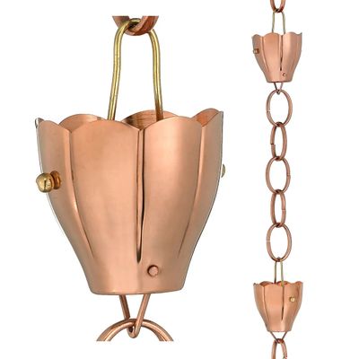 Crocus Polished Copper Rain Chain - 8.5 ft., with 6 Large Cups