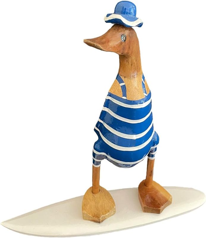 Duck Statue Wood Carved Surfing Duck Coastal Home Decor