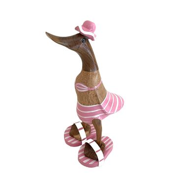 Duck Statue Wooden Summer Beach Flip Flops Duck Figurine -Pink Stripe