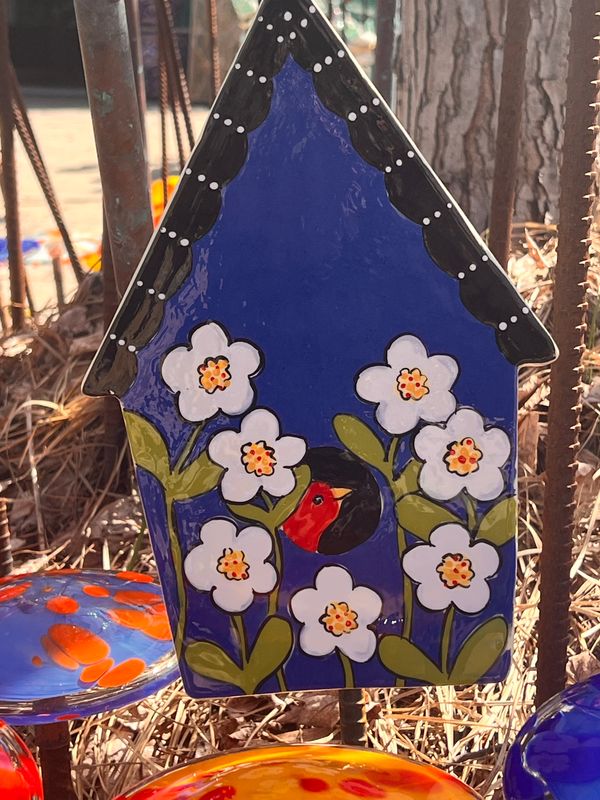 BLUE BIRDHOUSE GARDEN STAKE