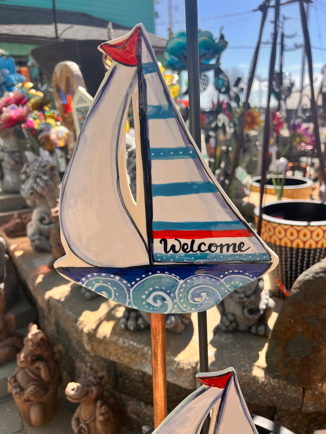 Welcome Sailboat Garden Stake, Style: Blue Stripe on White Sail