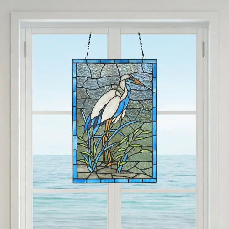 18&quot;H Majestic White &amp; Blue Crane Stained Glass Window Panel