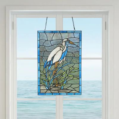 18&quot;H Majestic White &amp; Blue Crane Stained Glass Window Panel