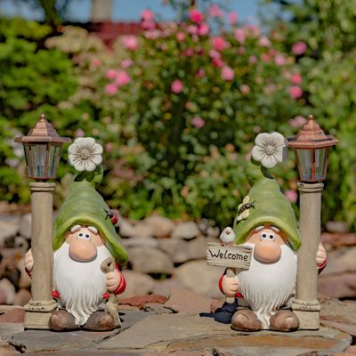 Set of 2 Spring Garden Gnomes w/ Solar Lanterns &quot;Shortstack &amp; Dinkle&quot;