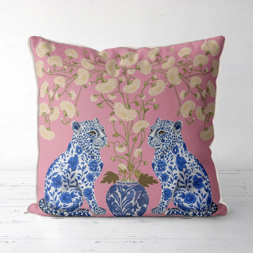 Chinoiserie Leopard Twins On Pink, Outdoor Pillow Cover