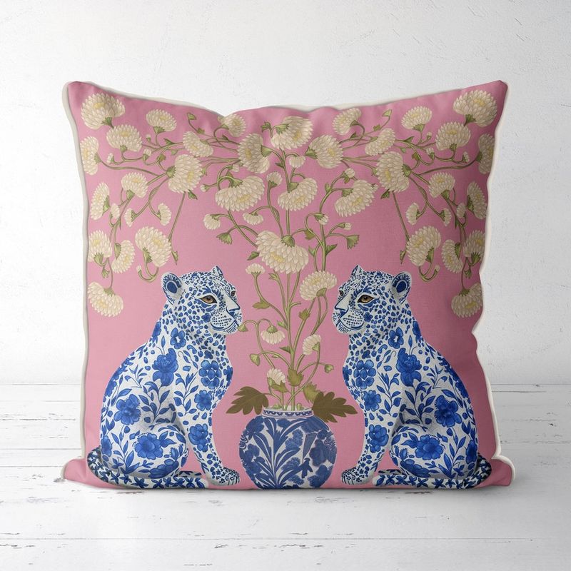 Chinoiserie Leopard Twins On Pink, Outdoor Pillow Cover