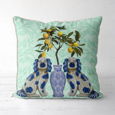Staffordshire Dogs Lemon Chinoiserie Outdoor Pillow Cover 18x18&quot;