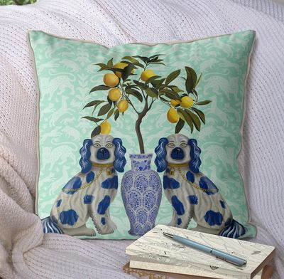 Staffordshire Dogs Lemon Chinoiserie Outdoor Pillow Cover 18x18"