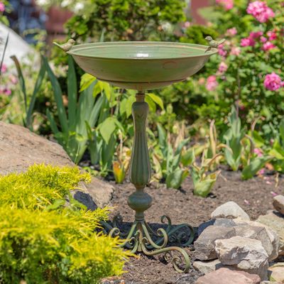 27&quot; Tall Ornate Pedestal Birdbath with Little Bird Details in Antique Green